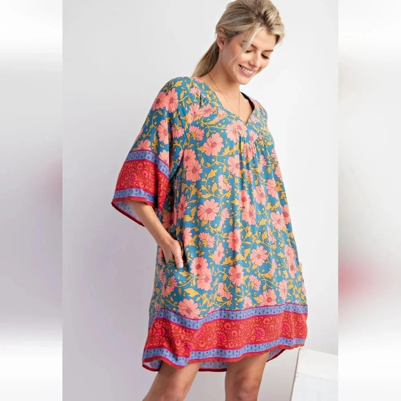 New Easel Teal Floral Border Printed Challis Dress - Picture 1 of 6